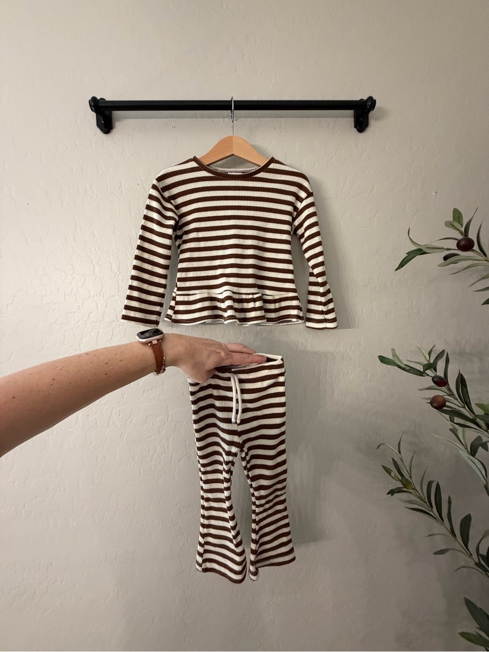 Zara Brown and Cream Ribbed Striped Peplum Set - Long Sleeve Top & Flare Pants